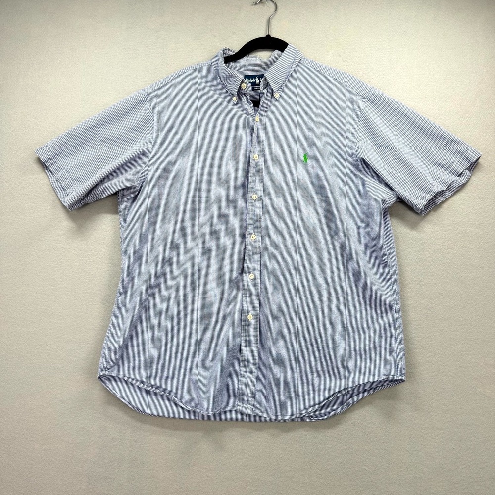 Ralph Lauren Shirt Mens XL Blue White Houndstooth Classic Fit Seersucker Preppy